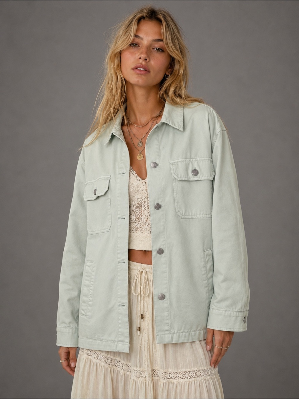 NWT Obey Mint Green Utility Jacket Shirt Jacket Cotton Button Front Size Small